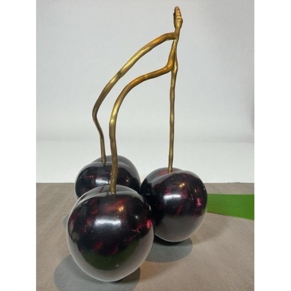 Handmade Three Metal Black Cherries on Stem Metal Sculpture Large 21"x14"x8"‎